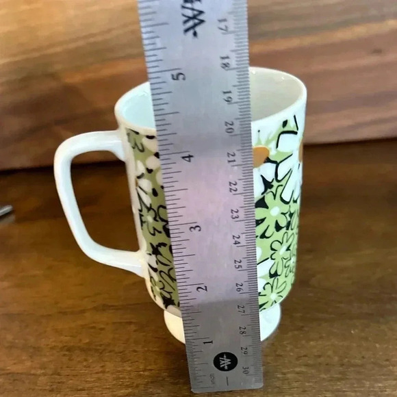 Vintage Footed Pedestal Coffee Mug 8 oz Retro Floral Green & Black JAPAN EUC - Picture 7 of 8